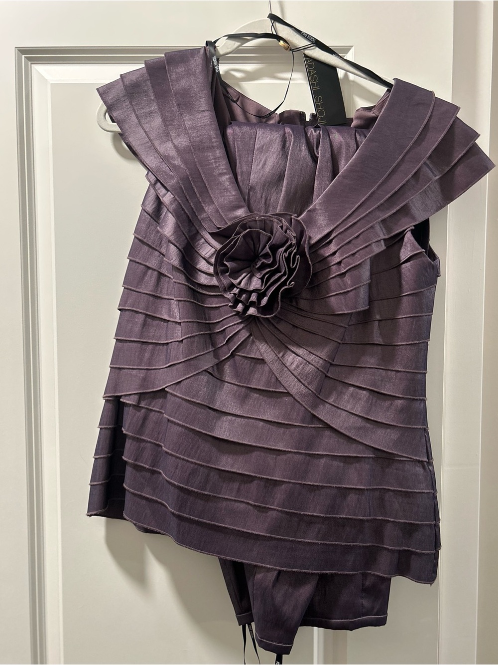 Tadashi Shoji Lilac Pleated Ruffle Shell Top with Rosette, long matching skirt